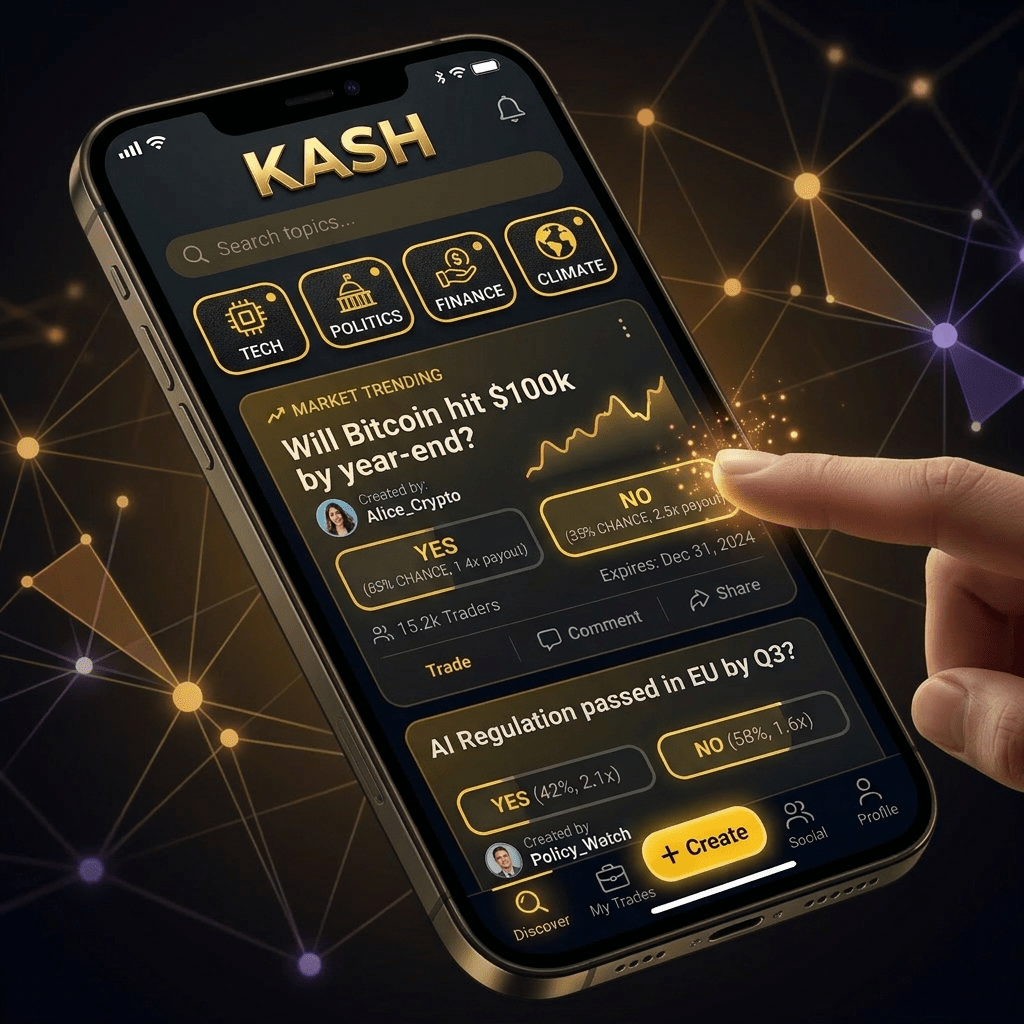 Smartphone screen showing prediction market app with Bitcoin price question and yes/no trade options