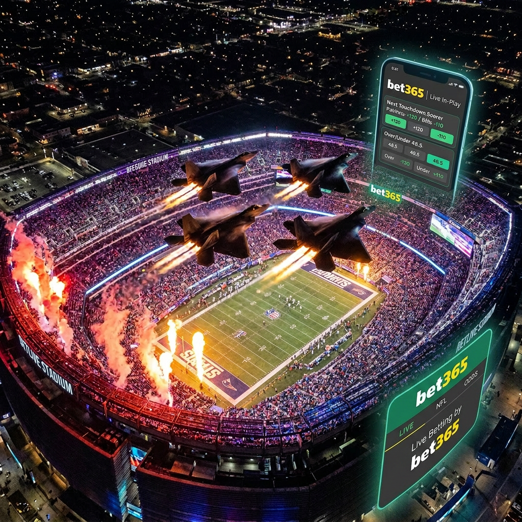 Nighttime aerial view of a football stadium with jets flying overhead and a digital sports betting display overlay