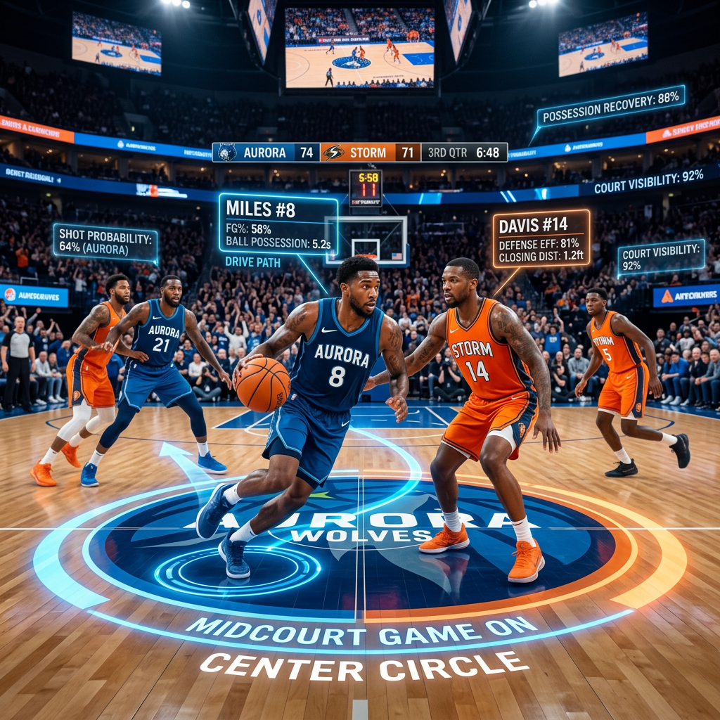 Aurora Wolves player #8 dribbling past Storm player #14 with augmented reality stats overlay on court and players.