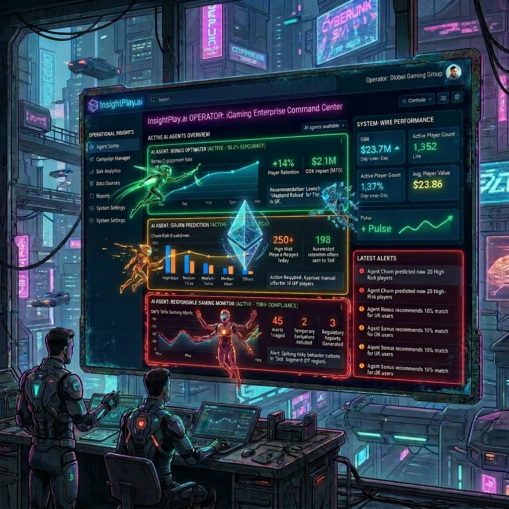 Dashboard showing NEXUS AI Operator gaming analytics including bonus optimizer, churn prediction, responsible gaming monitor, system-wide performance, and alerts