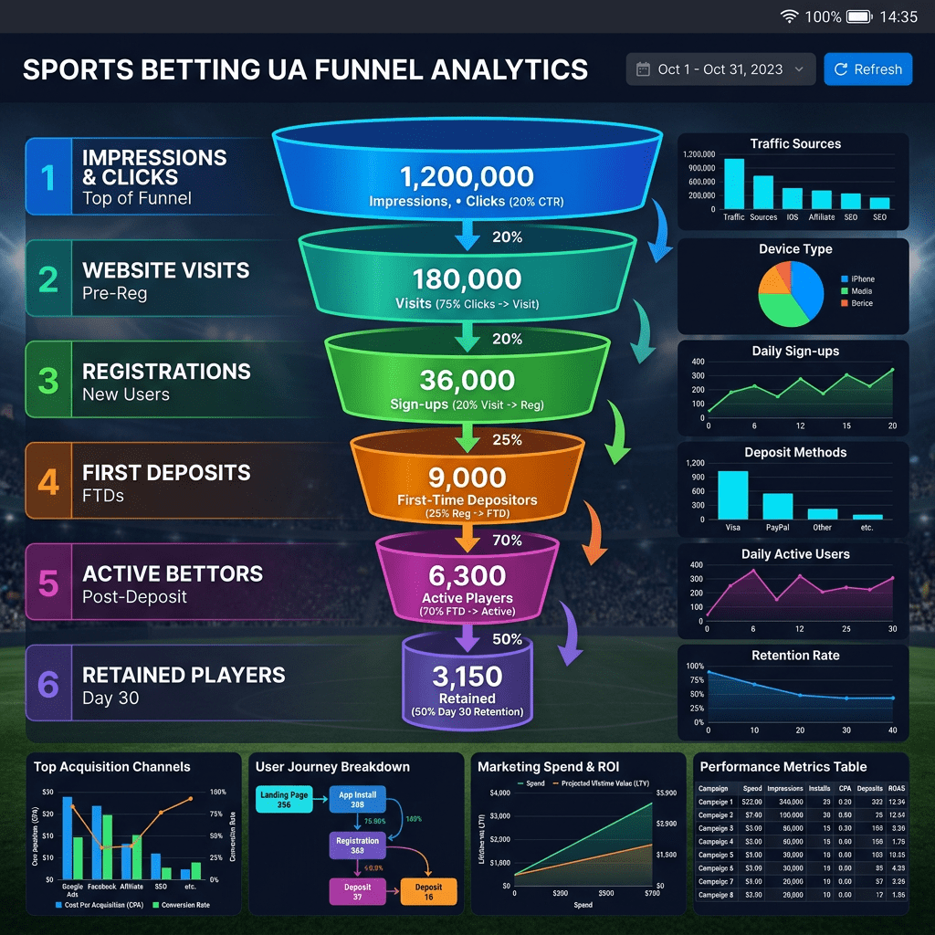 Sports betting user acquisition funnel with metrics from impressions to retained players