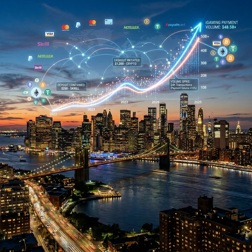 New York City skyline at dusk with a glowing upward trending graph showing economic growth from 2022 to 2025 reaching over 50 billion