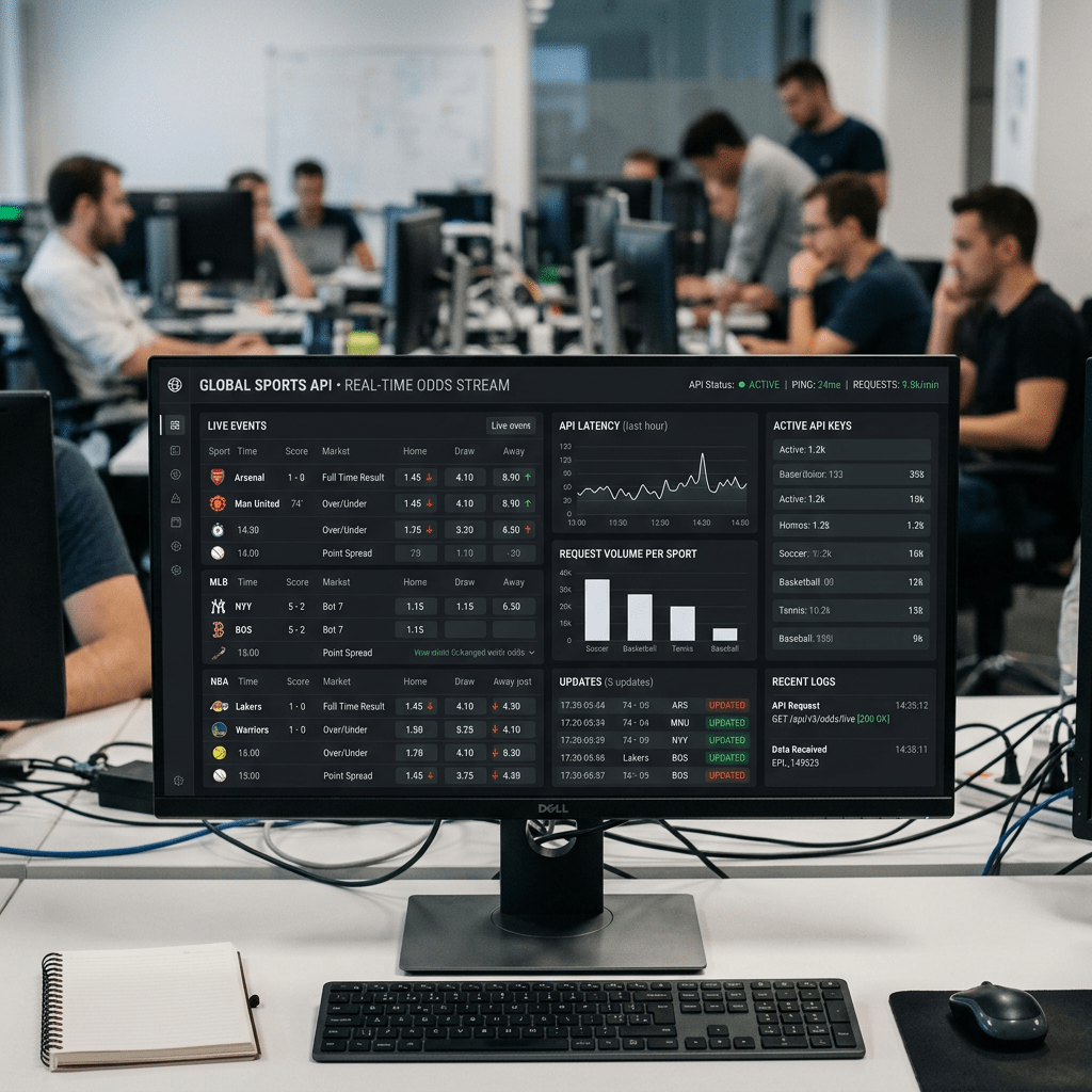 Real-time sports betting odds and API performance dashboard on computer screen