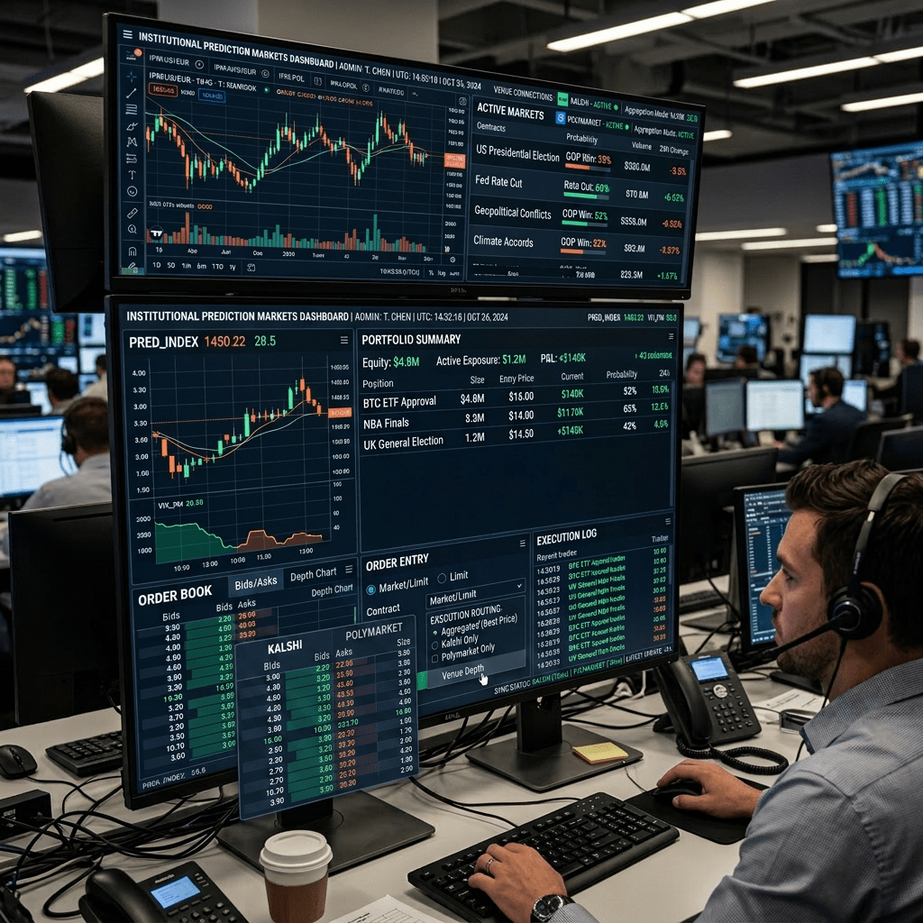 Trader analyzing prediction markets and portfolio summary on multiple monitors