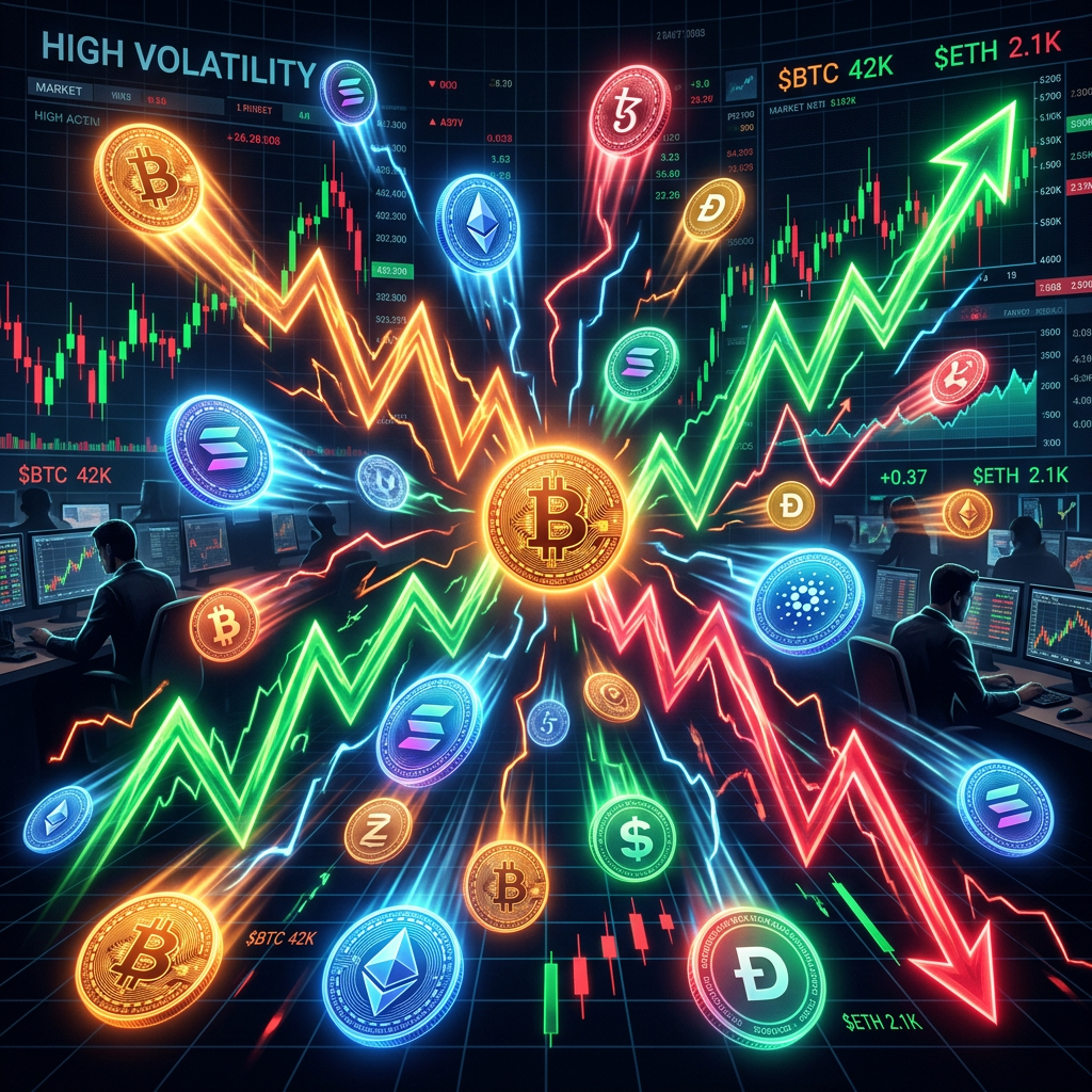 Graph showing cryptocurrency price volatility with rising and falling trends and various crypto coin icons