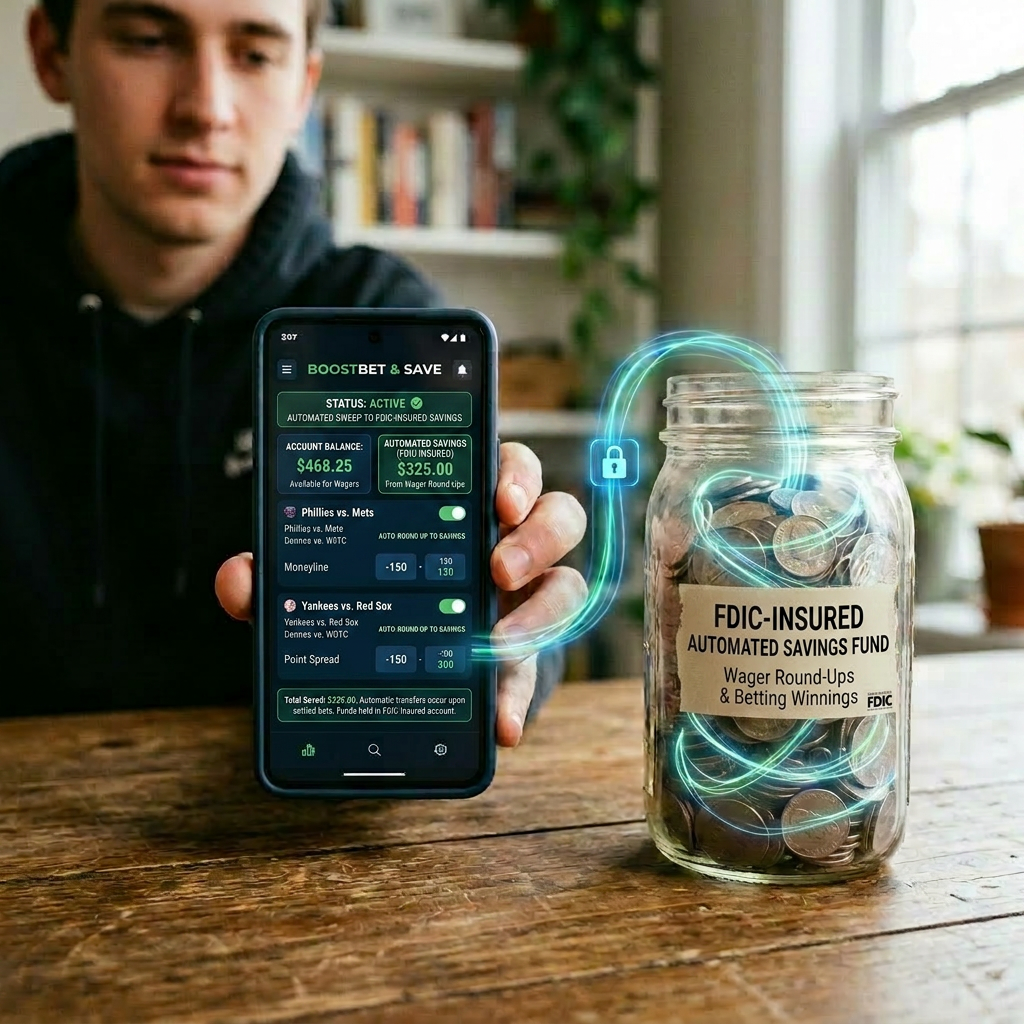 Mobile phone showing sports betting savings app linked to FDIC-insured jar of coins