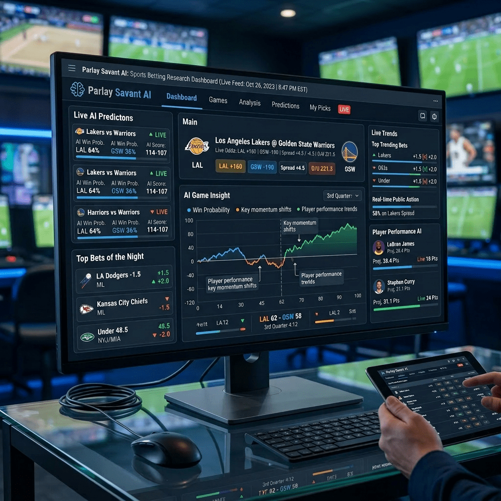 AI sports betting dashboard showing live predictions, game insights, and player performance for Lakers vs Warriors
