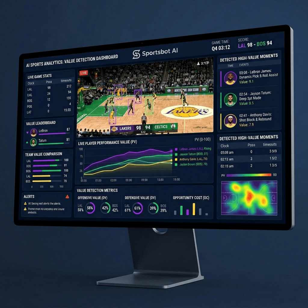 AI dashboard showing live basketball game stats, player performance graph, value leaderboard, detected high-value moments, and heatmap.