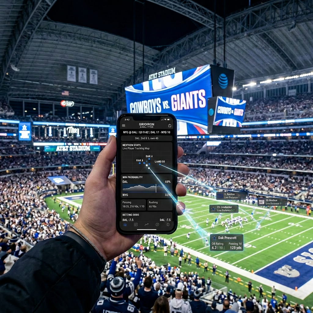 Hand holding smartphone displaying live football game analytics in a crowded stadium