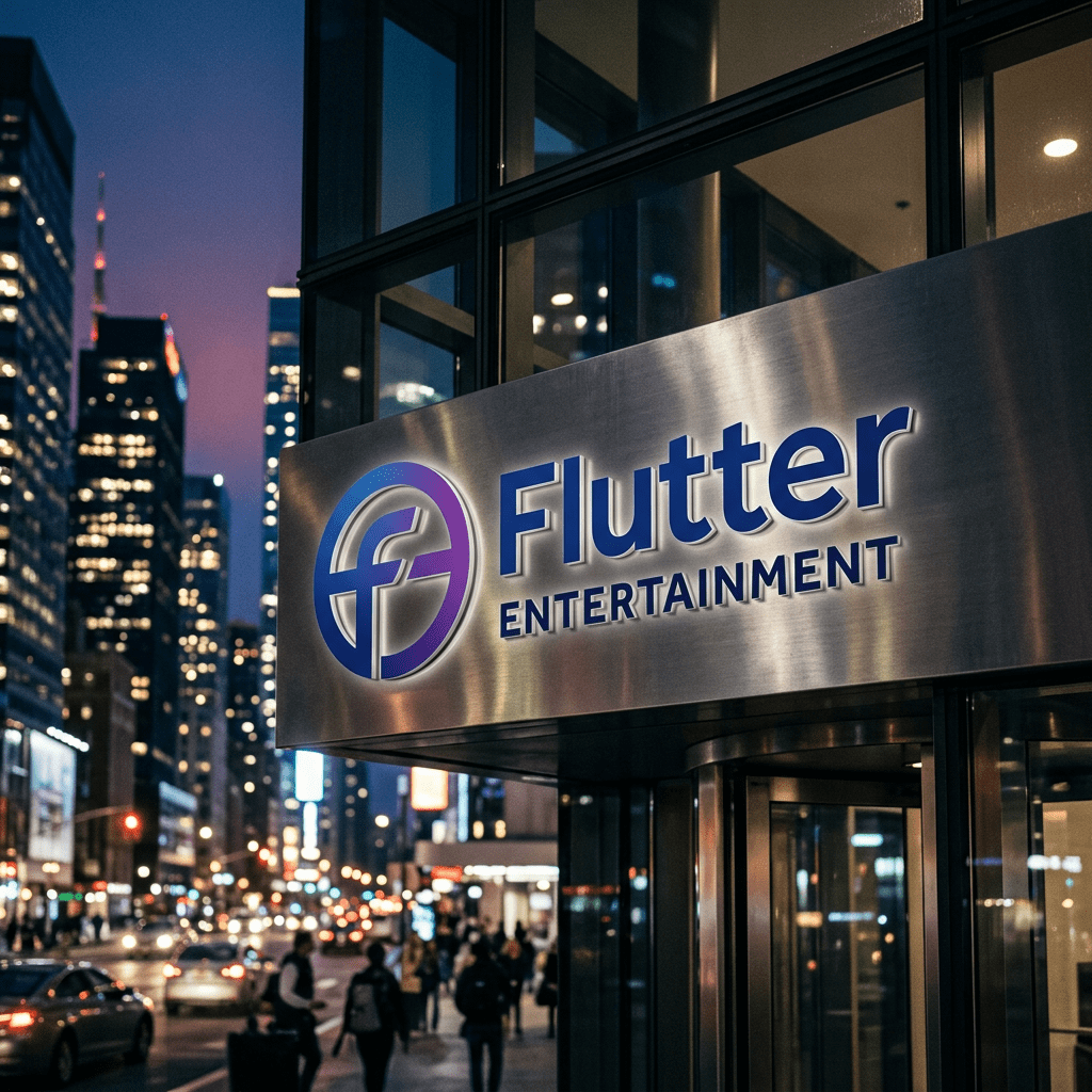 Flutter Entertainment logo and text on a metal sign outside a building in a city at night