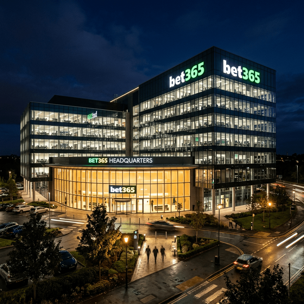 Modern multi-story Bet365 headquarters building lit up at night with glass walls and office lights