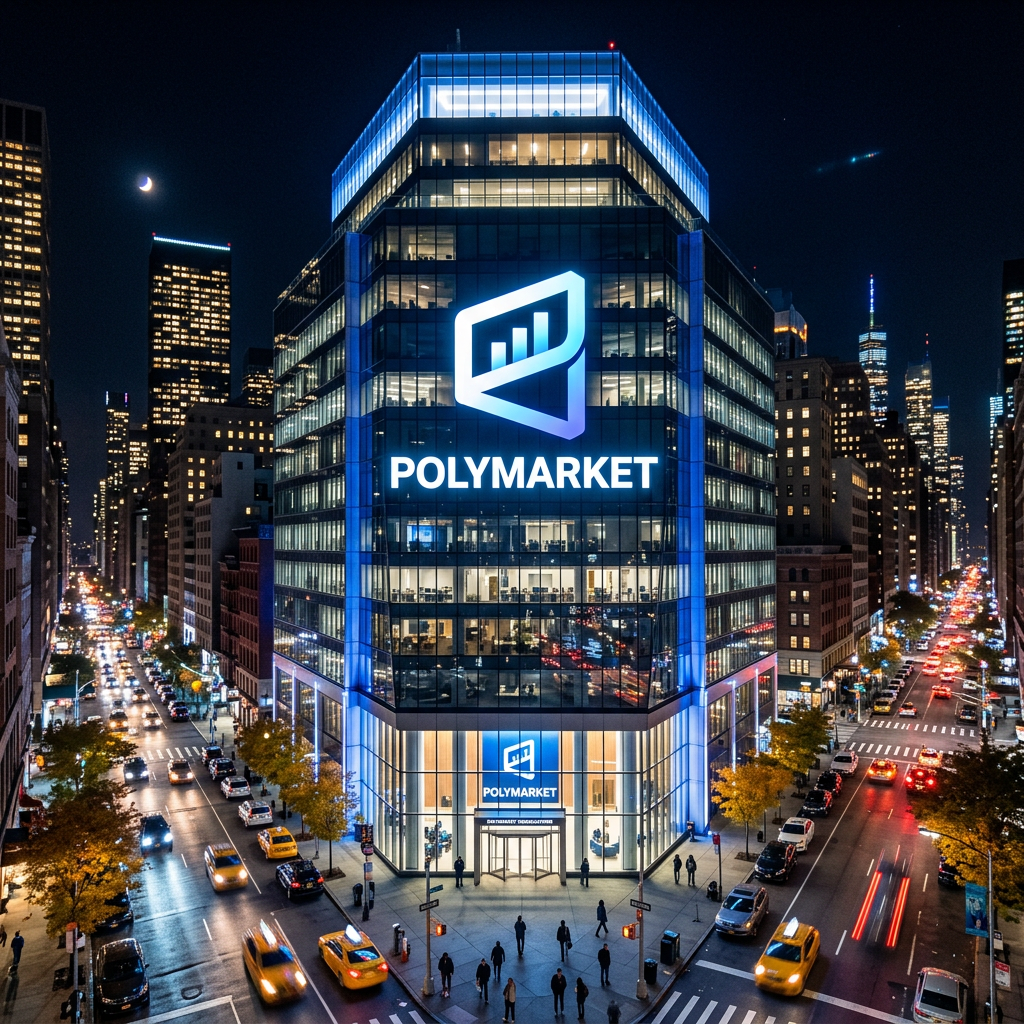 Modern office building with glowing PolyMarket logo at night in busy city