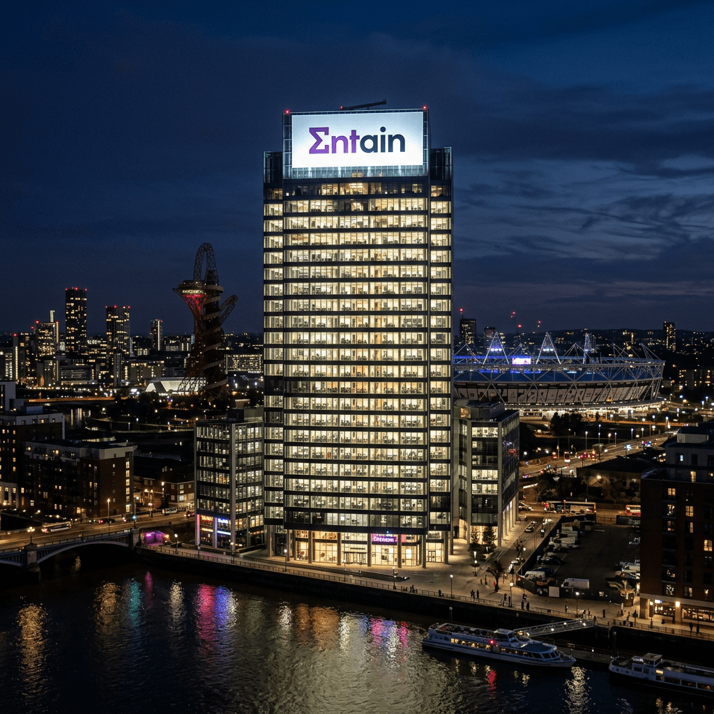 Tall office building with Entain logo illuminated at night beside a river and stadium