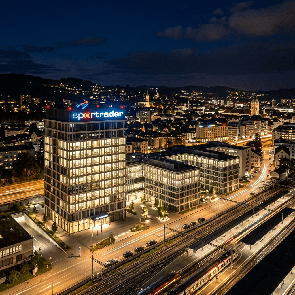 Sportradar headquarters illuminated night skyline with logo