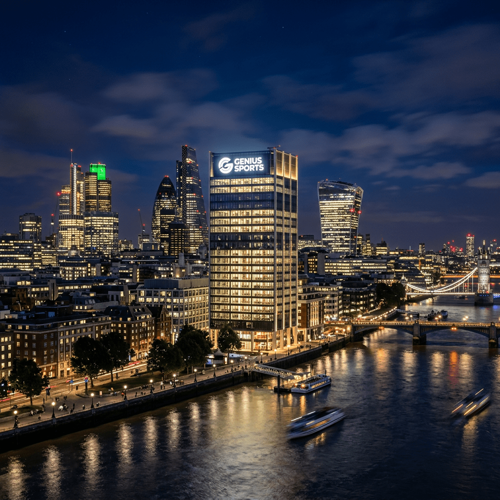 Genius Sports building illuminated at night along River Thames in London with city skyline