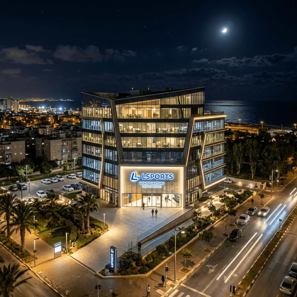 LSports HQ illuminated in Ashkelon Israel at night