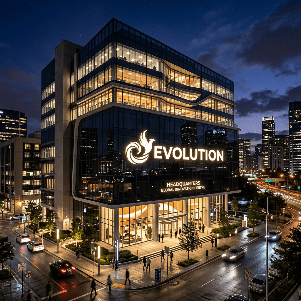 Modern office building with Evolution logo illuminated at night