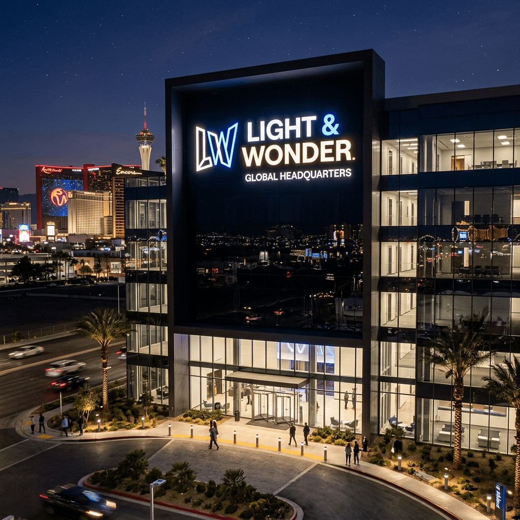 Light & Wonder Global Headquarters building lit up at night with Las Vegas skyline in background