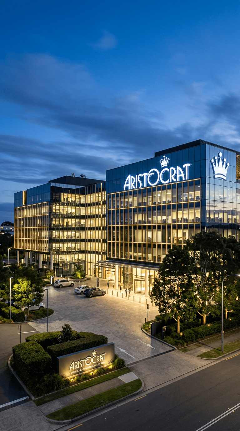 Modern glass office building with Aristocrat logo illuminated at dusk