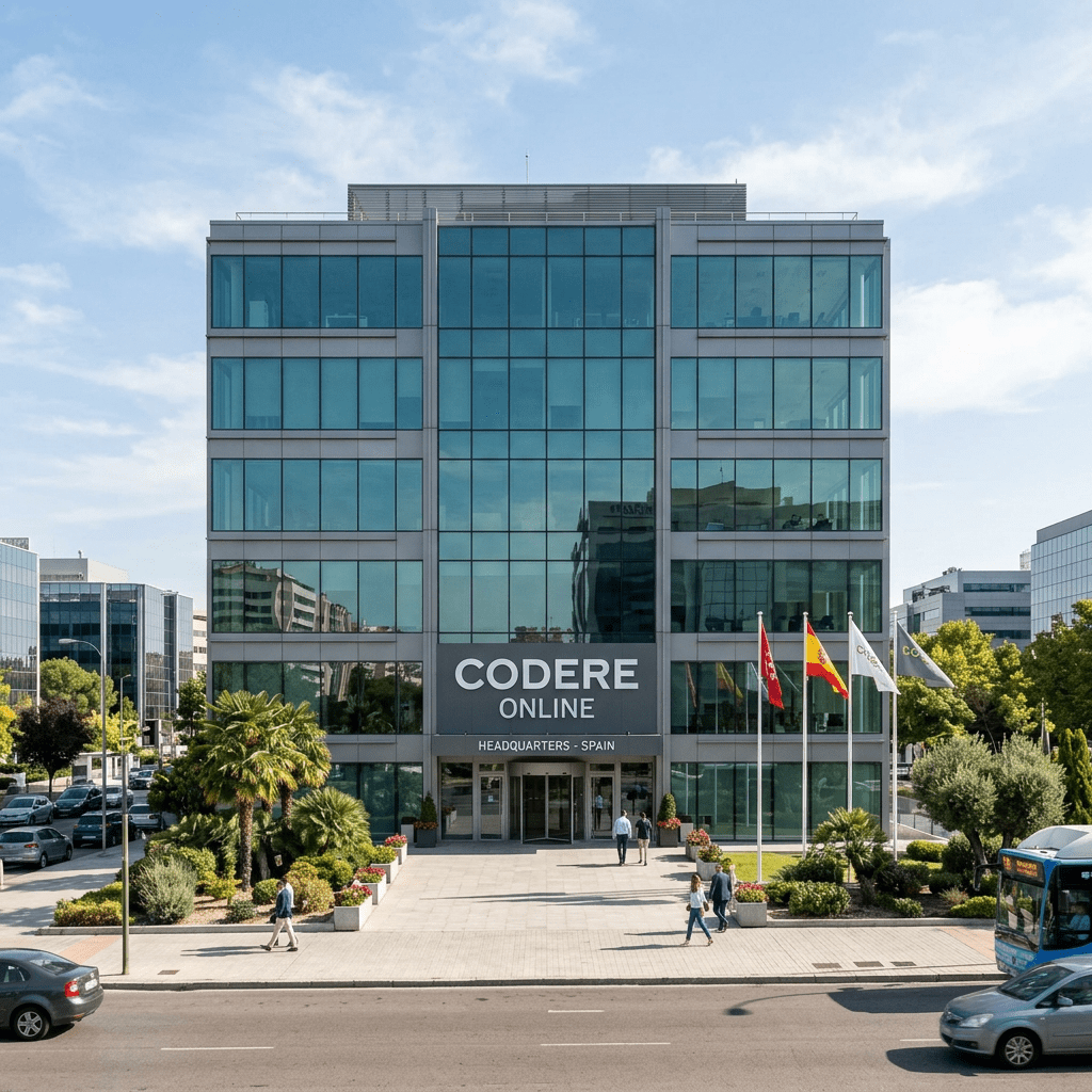 Codere Online headquarters building with glass facade and flags outside in Spain