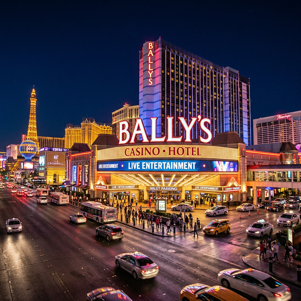 Bally's Casino and Hotel illuminated on Las Vegas Strip with busy street and Eiffel Tower replica in background