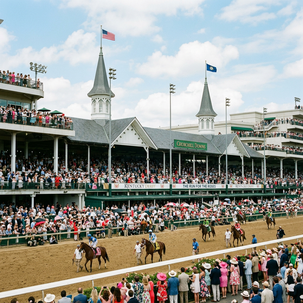 Crowded grandstand at Churchill Downs during the Kentucky Derby horse race