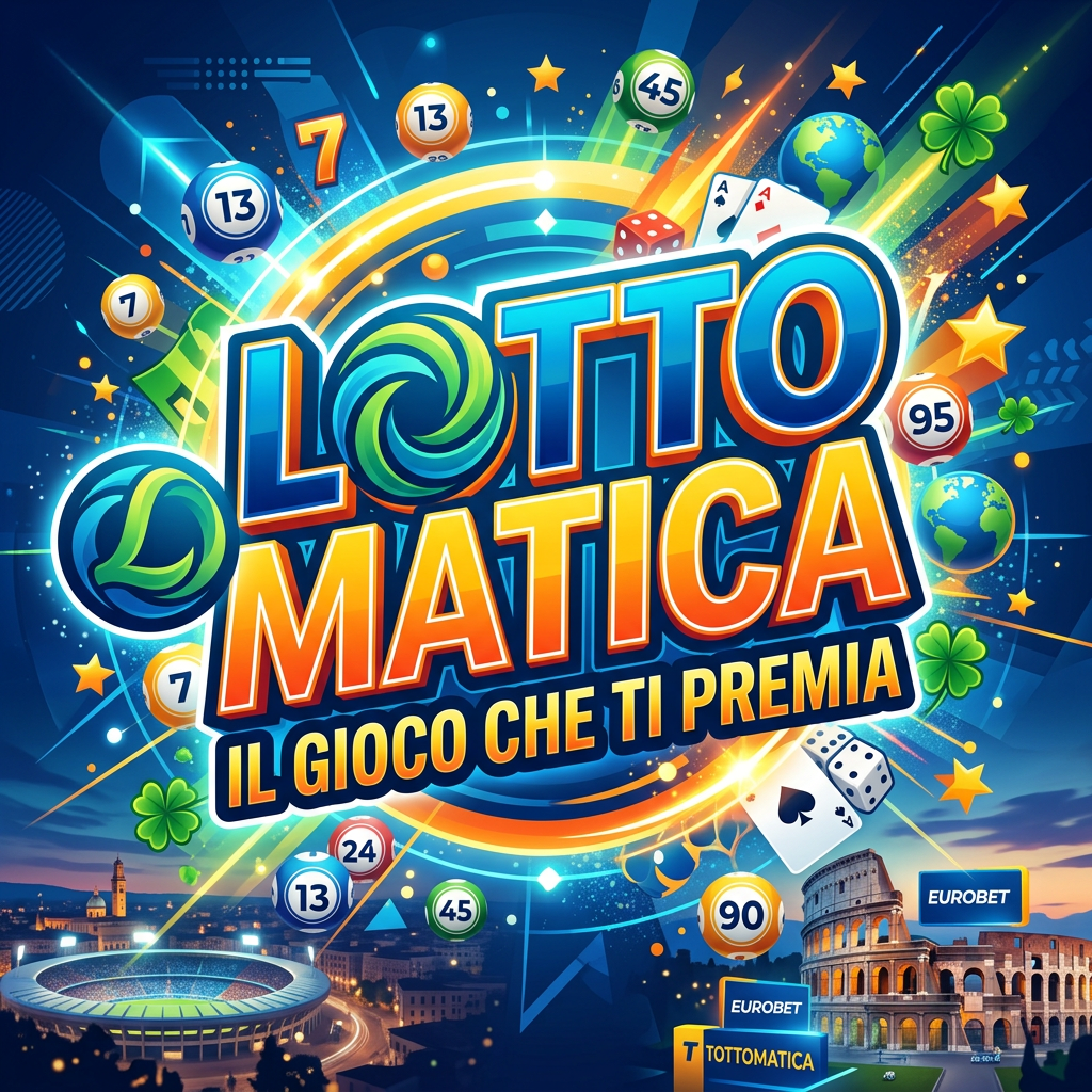 Lotto Matica lottery logo with colorful balls, cards, dice, and Italian slogan