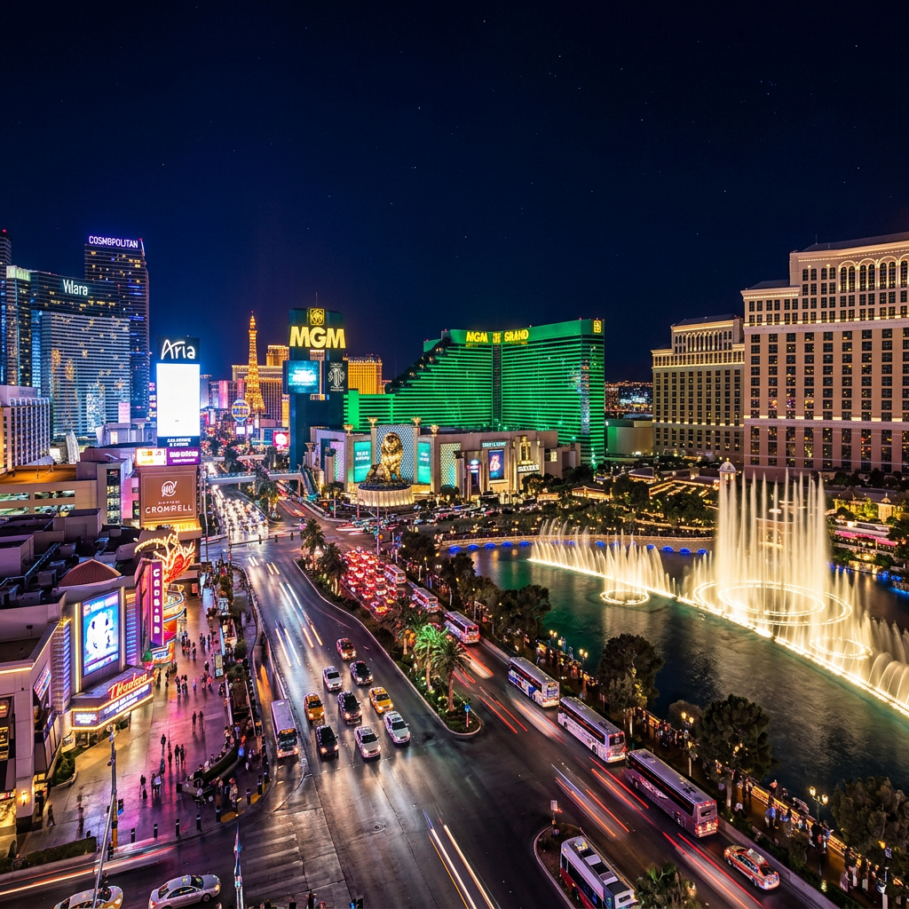 Night view of the Las Vegas Strip with illuminated hotels and Bellagio fountain show