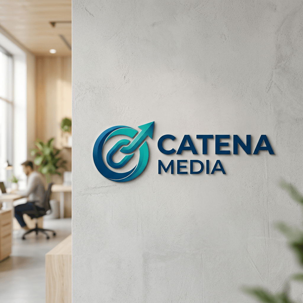 Catena Media logo in blue and green on an office wall with a person working in the background