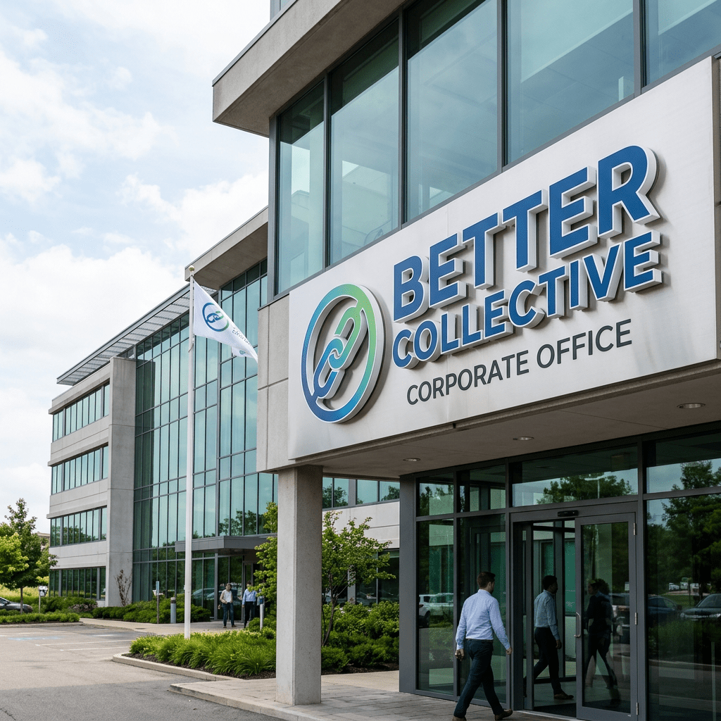 Better Collective corporate office building entrance with man walking through glass doors