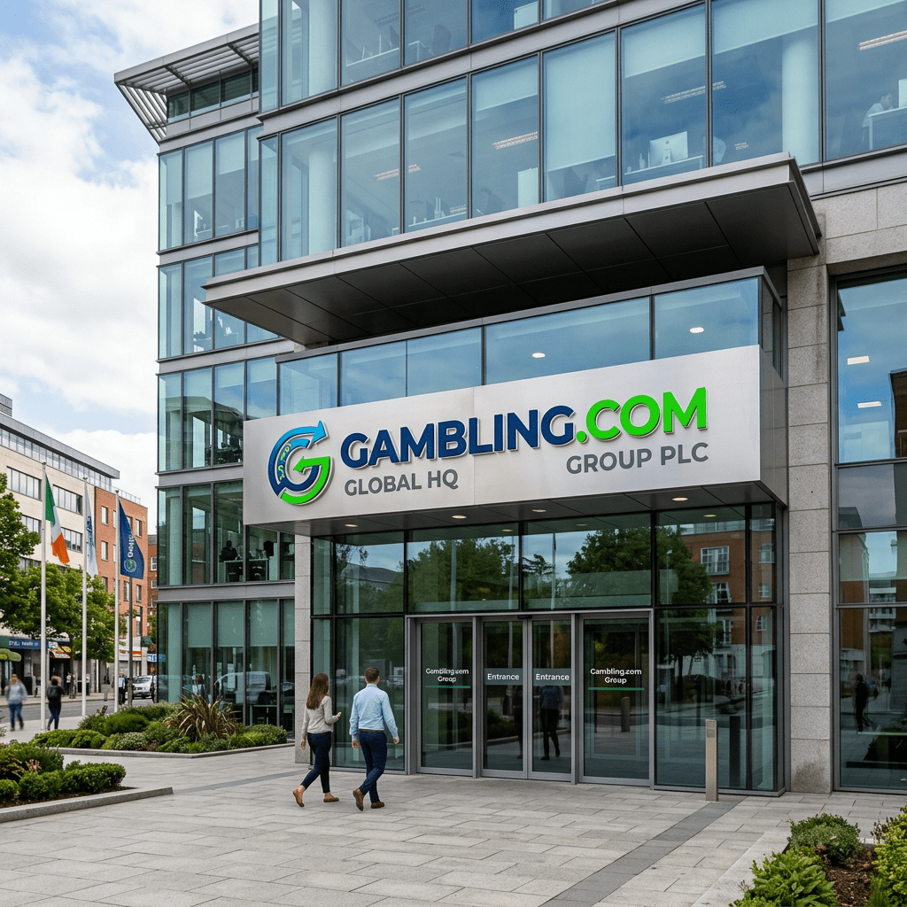 Entrance of Gambling.com Group global headquarters with logo and two people walking