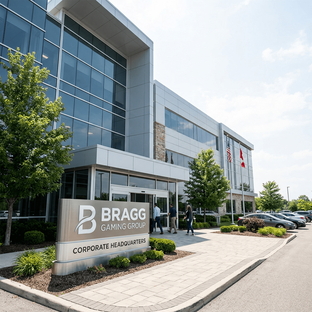 Exterior of Bragg Gaming Group corporate headquarters with sign and entrance