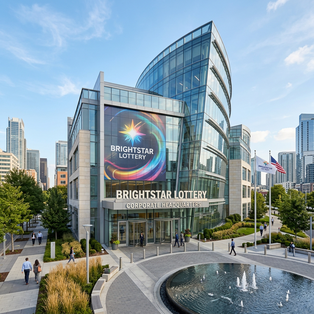 Brightstar Lottery corporate headquarters with glass facade, signage, water fountain, and pedestrians