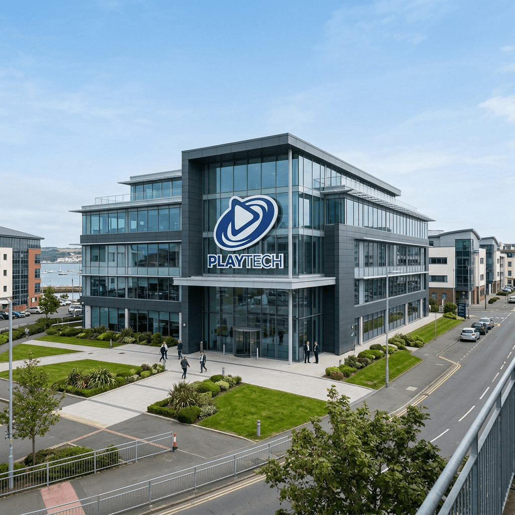 Glass-fronted corporate office building with Playtech logo and landscaped entrance