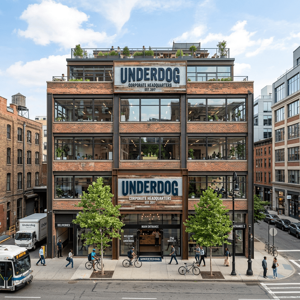Front view of Underdog corporate headquarters with people walking and biking outside