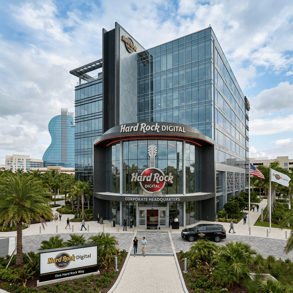 Modern multi-story glass building labeled Hard Rock Digital corporate headquarters