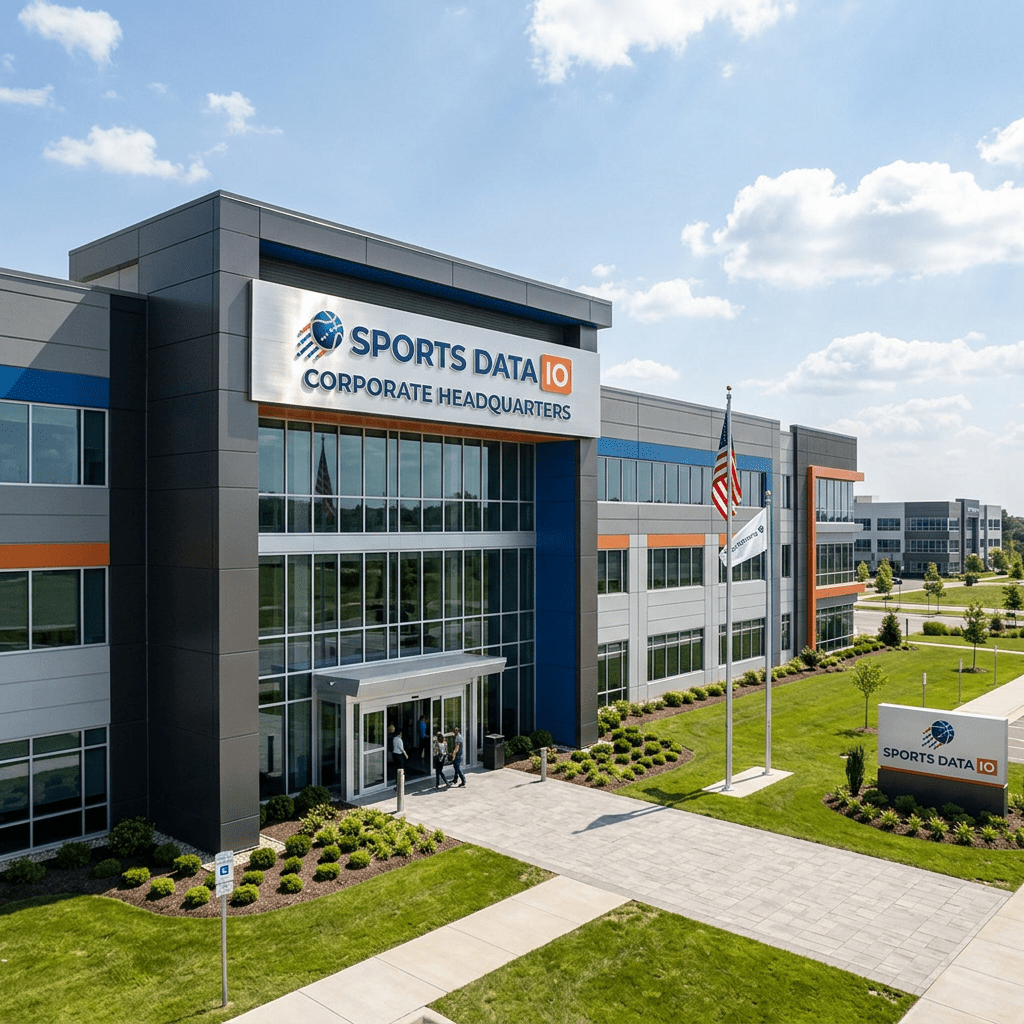 Exterior view of the Sports Data IO corporate headquarters building with signage and flagpoles