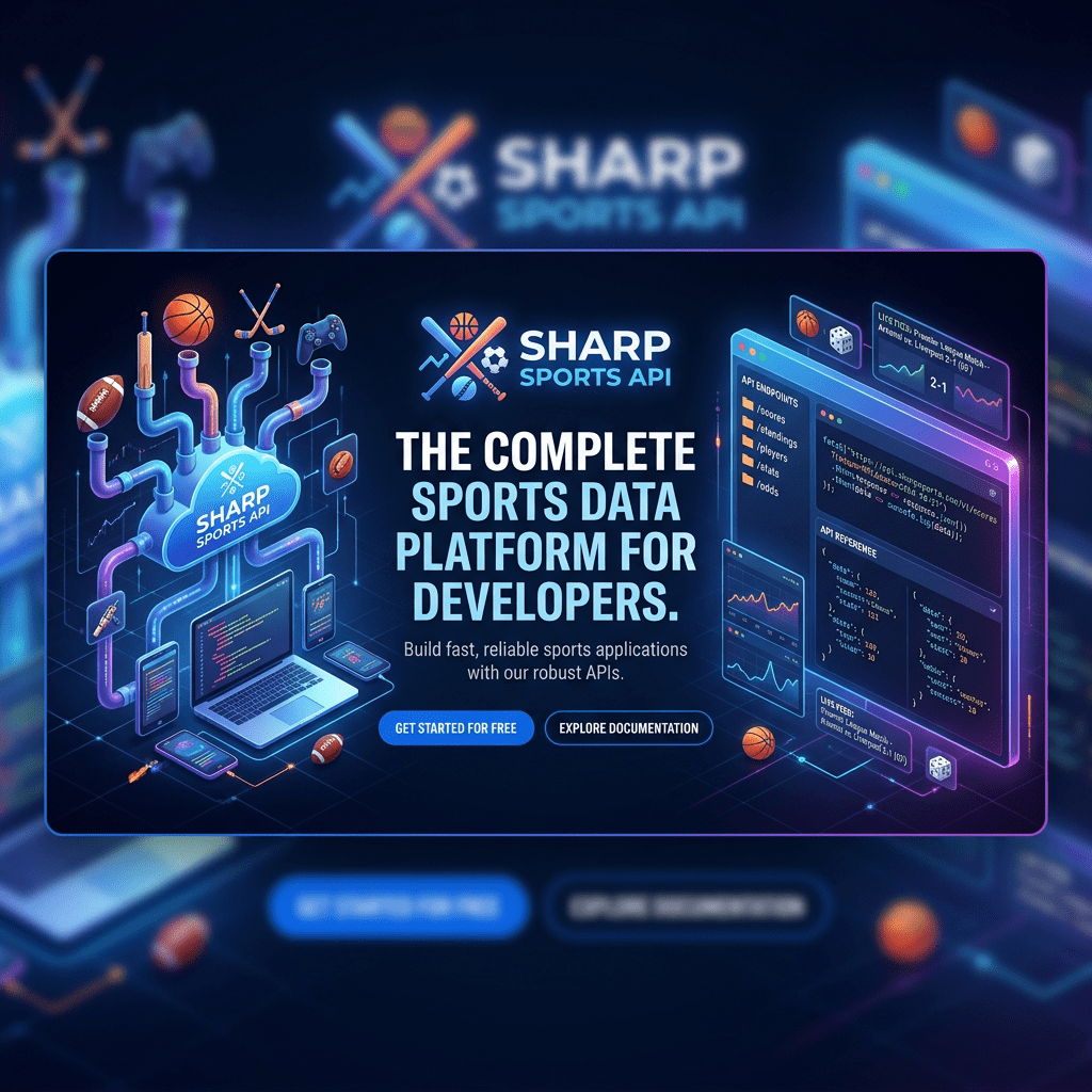 Sharp Sports API platform interface with sports icons and code snippets