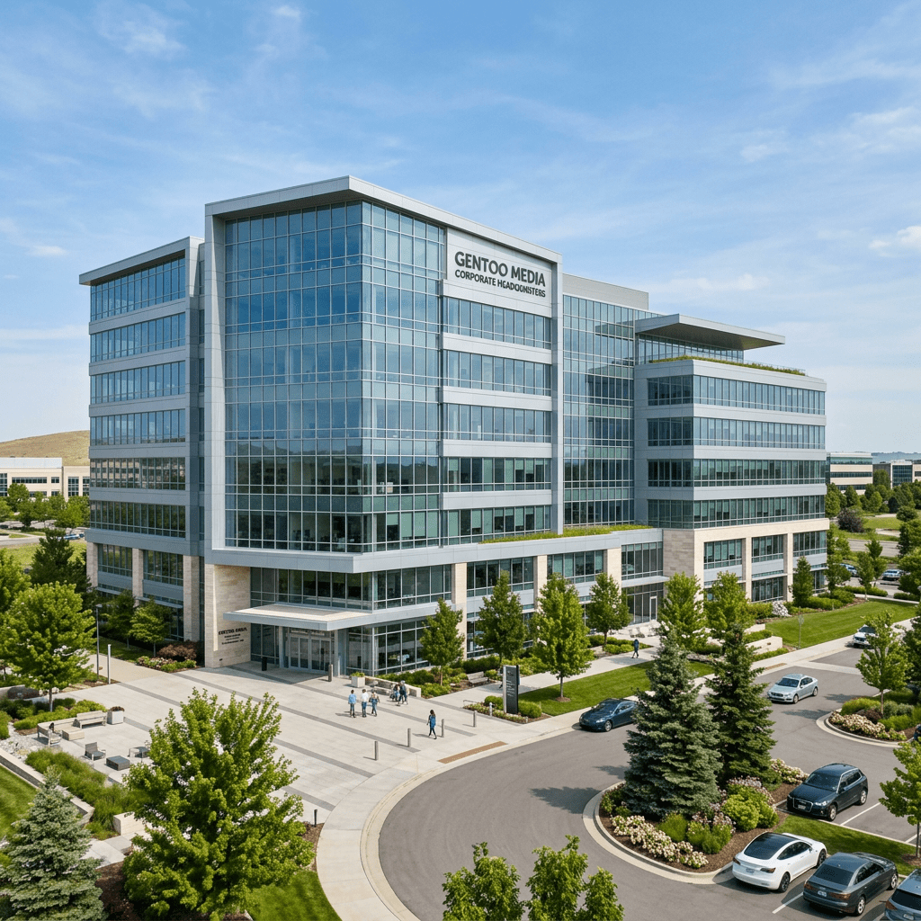 Gentoo Media corporate headquarters modern glass office building with landscaped surroundings