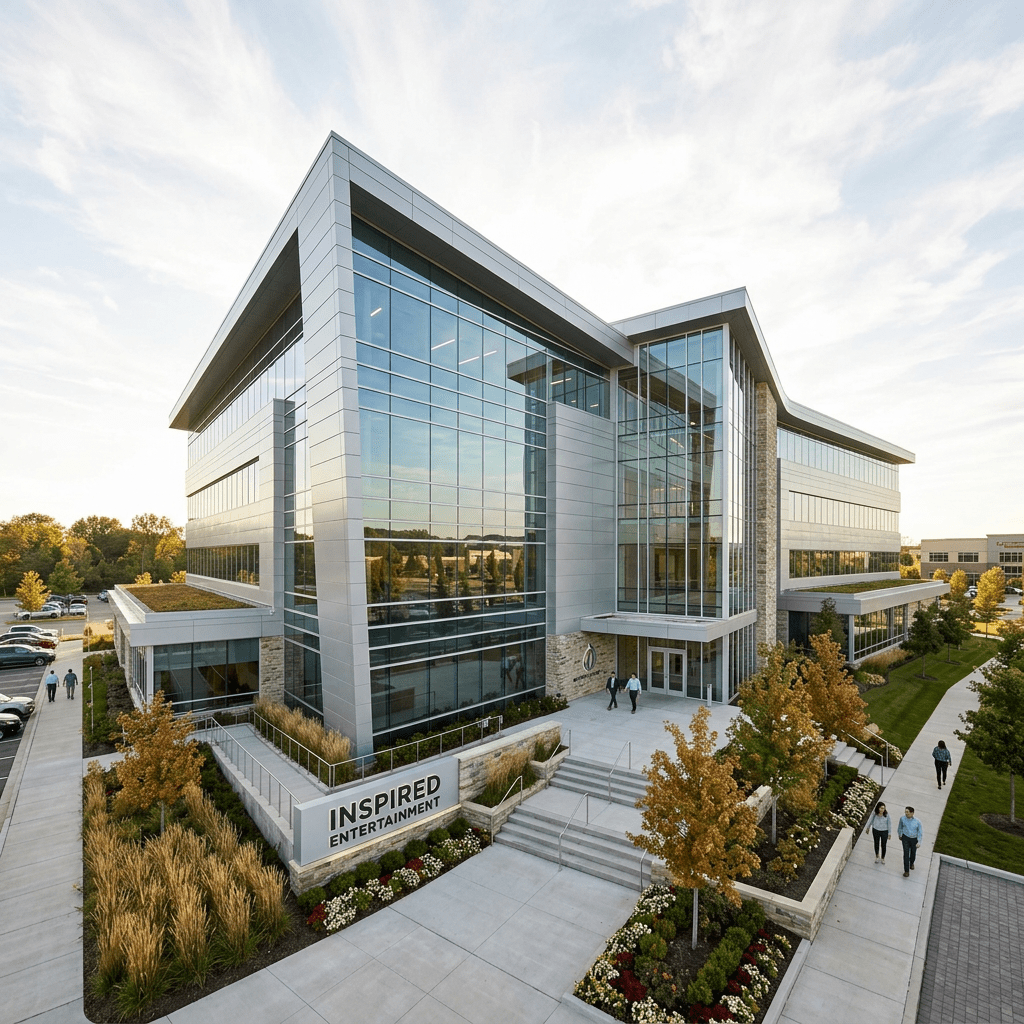 Modern corporate office building with large glass windows and landscaped entrance