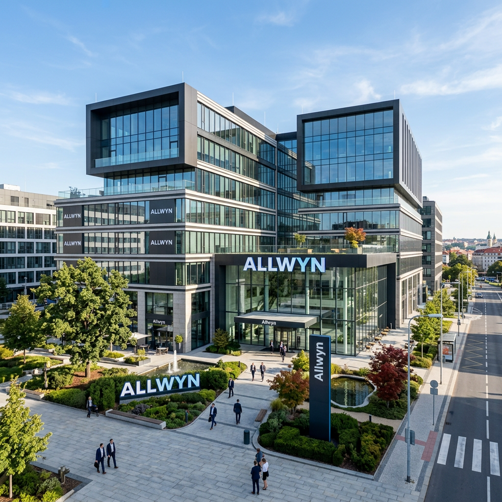 Contemporary office building with ALLWYN branding on facade and landscaping with pedestrian plaza