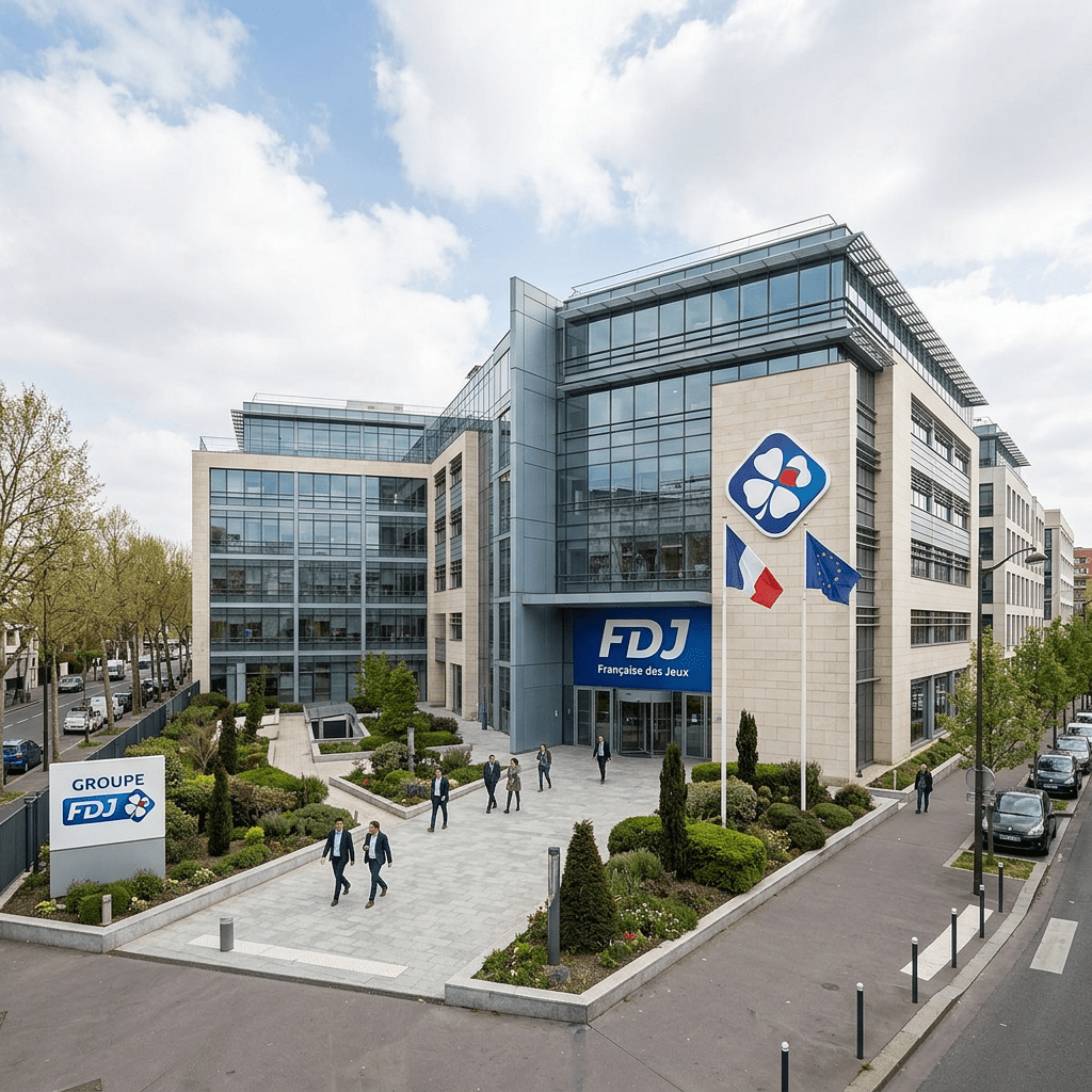 FDJ headquarters building with glass facade and flags
