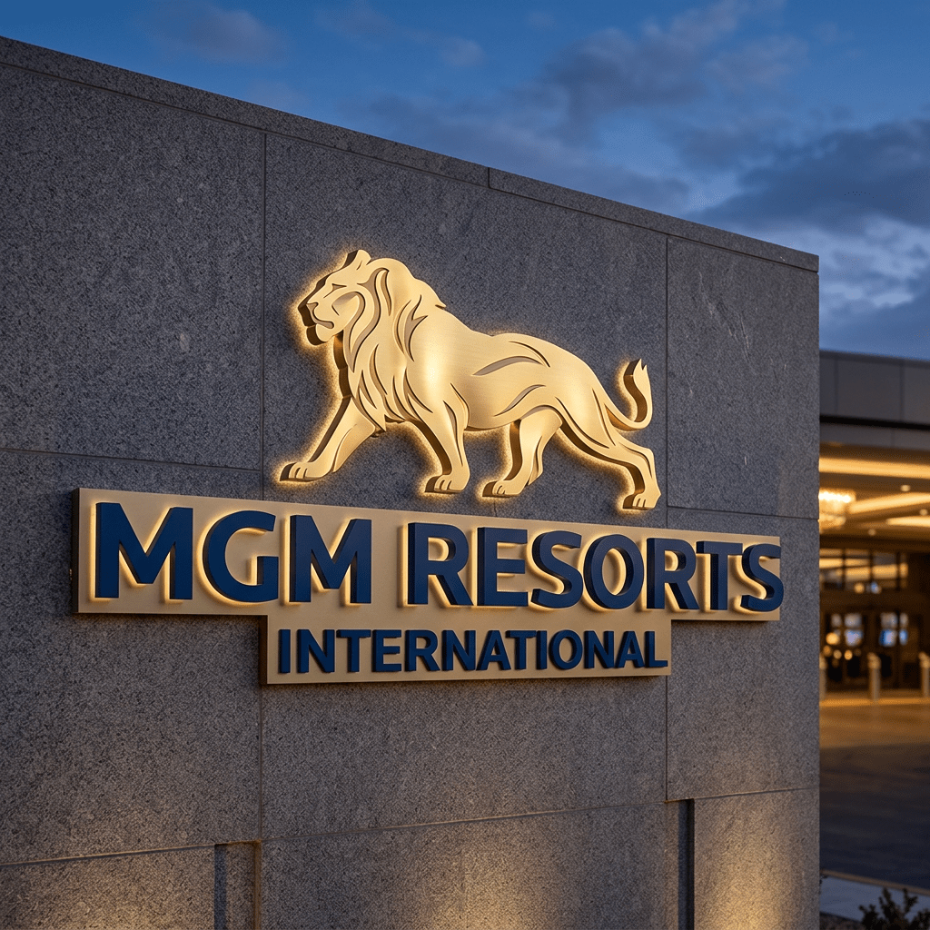 Illuminated MGM Resorts International sign with golden lion on stone wall