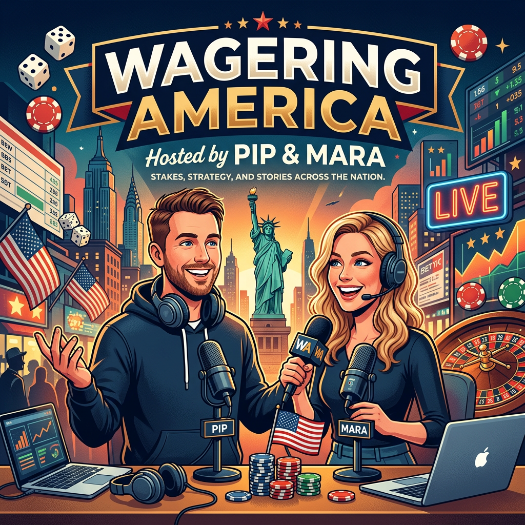 Two podcast hosts discussing sports betting with microphones, poker chips, and American landmarks