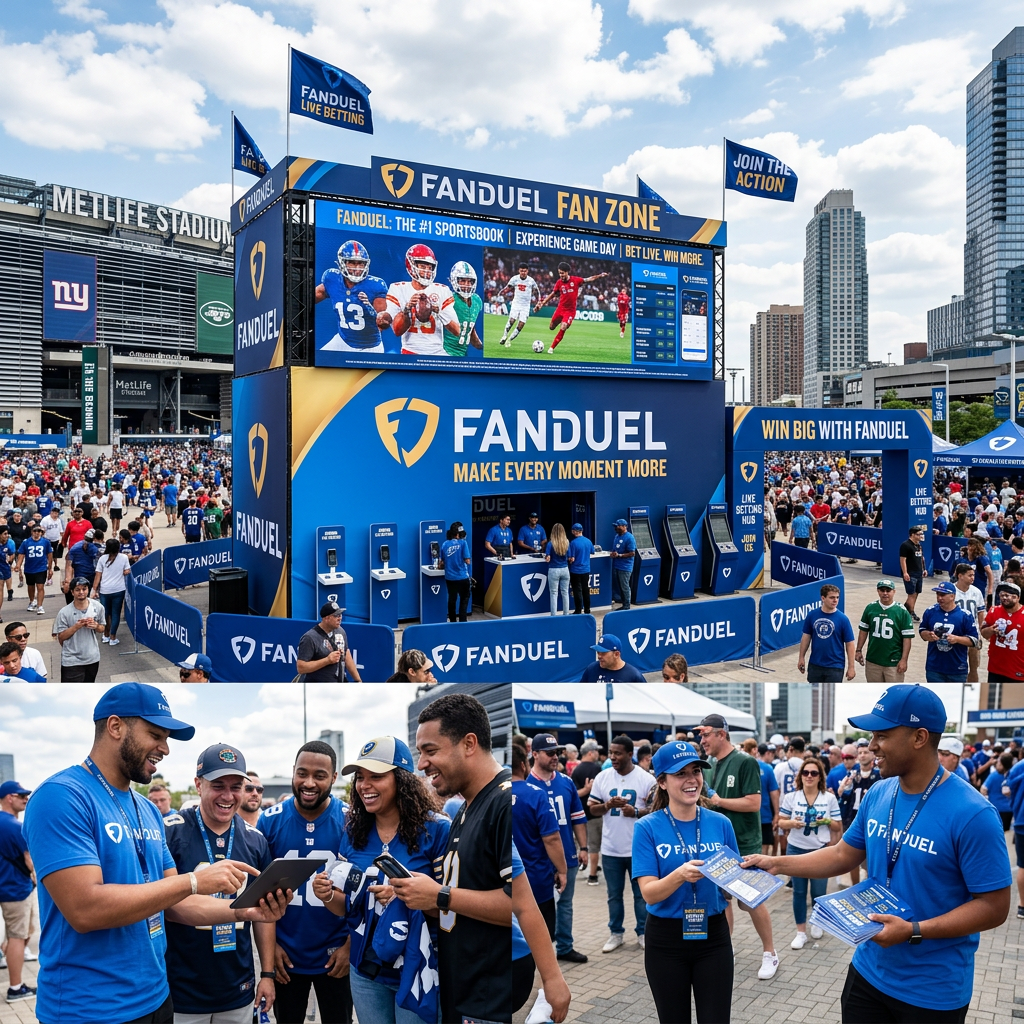 FanDuel Fan Zone setup with banners, digital screens, and people interacting at MetLife Stadium