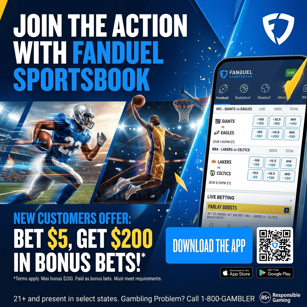 FanDuel Sportsbook promotion showing sports betting app interface and new customer bonus offer