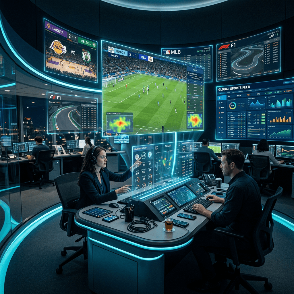 Sports analysts monitoring live basketball, soccer, and racing data with interactive screens