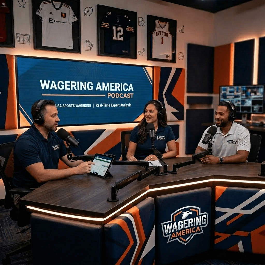 Three podcast hosts wearing headphones speaking into microphones with The Betting Line podcast sign behind them