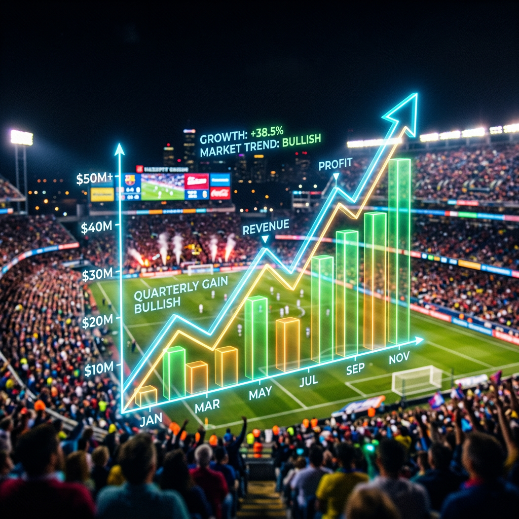 Soccer stadium crowd with overlay of rising bar and line chart showing quarterly financial gains