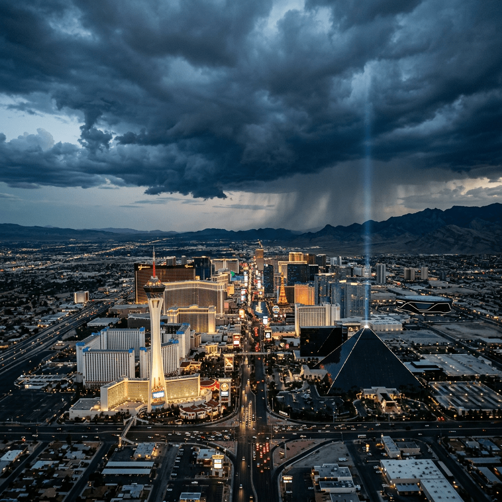 Las Vegas Strip aerial view with illuminated casino towers and dark storm clouds overhead